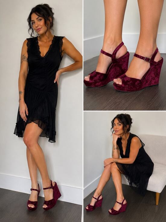 Rampage Shoes - Vtg Y2K Rampage Crissy 6 Merlot Floral Velvet Platform Wedge Ankle Strap Sandals